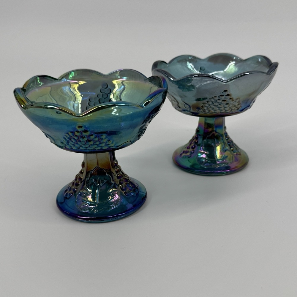 Vintage Blue Indiana Carnival Glass Harvest Grape Pattern Pedestal Candle Holder